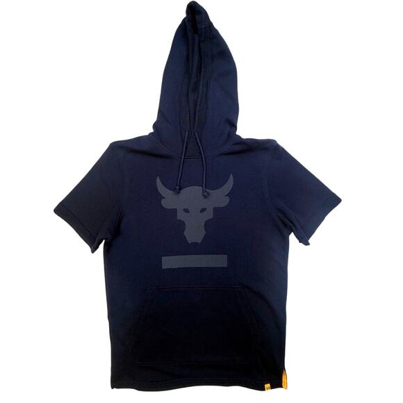 Under Armour Project Rock Short Sleeve Hoodie Navy Brahma Bull Logo Men’s Small - Picture 1 of 10